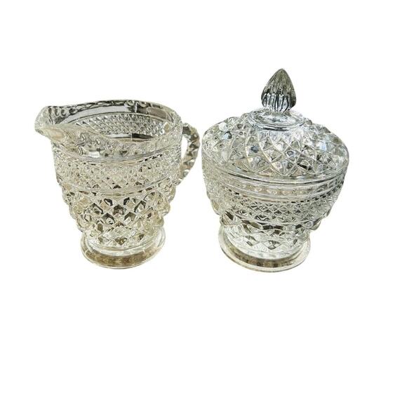 Anchor Hocking Wexford Crystal Clear Cut Glass Cream & Sugar Set Vintage - Picture 12 of 16